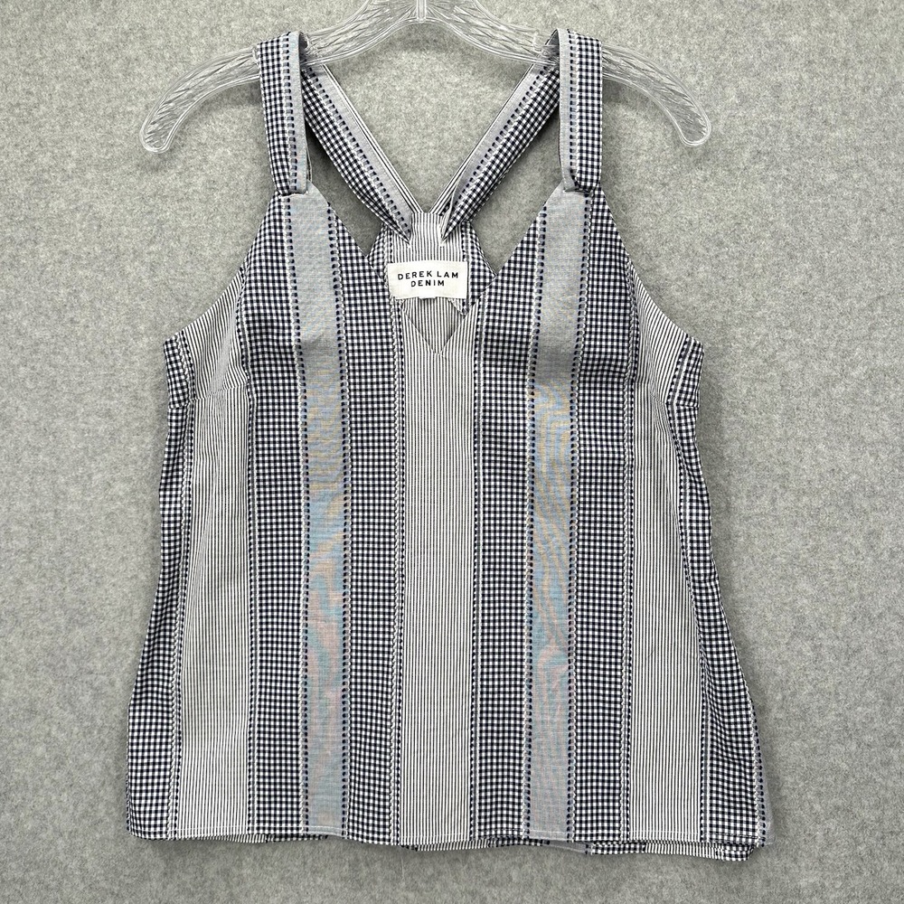 Derek Lam Denim Top Tank Cotton Blue Gingham‎ Stripes Adjustable Halter